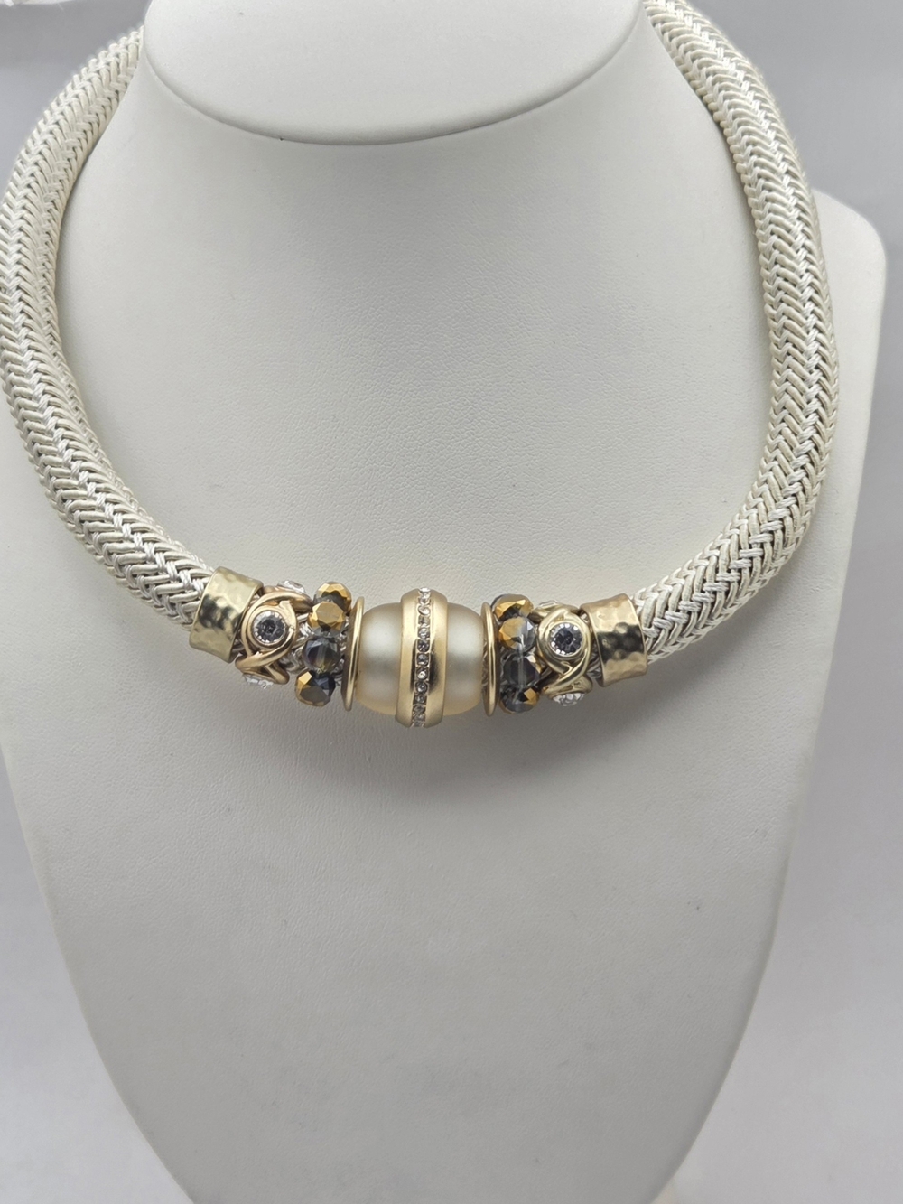 Milano by Nanni Gold & Cream Mesh Collar Necklace Rhinestone Beaded Accent